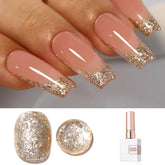 Double Rhythm glitter gel polish bottle shows holographic sparkle for salon-worthy nails.