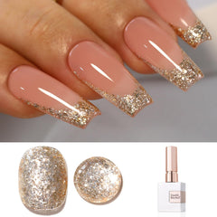 Double Rhythm glitter gel polish bottle shows holographic sparkle for salon-worthy nails.