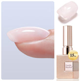 Double Rhythm gel bottle close-up in nude pink showing 8-in-1 formula for stronger nails.