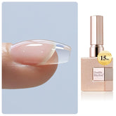 Double Rhythm clear gel bottle close-up showing 8-in-1 formula for nails.