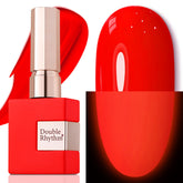 Double Rhythm neon red gel polish bottle close-up for long-lasting shine
