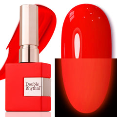 Double Rhythm neon red gel polish bottle close-up for long-lasting shine