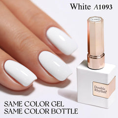 Nail swatch with Double Rhythm white sheer gel polish for crisp manicure