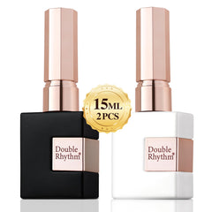 Double Rhythm square-bottle gel polish set on display, great for salon or DIY manicure.