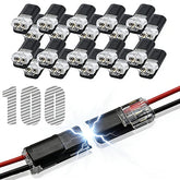 Double wire connector with locking buckle closeup shows secure snap-fit for reliable strip light wiring.
