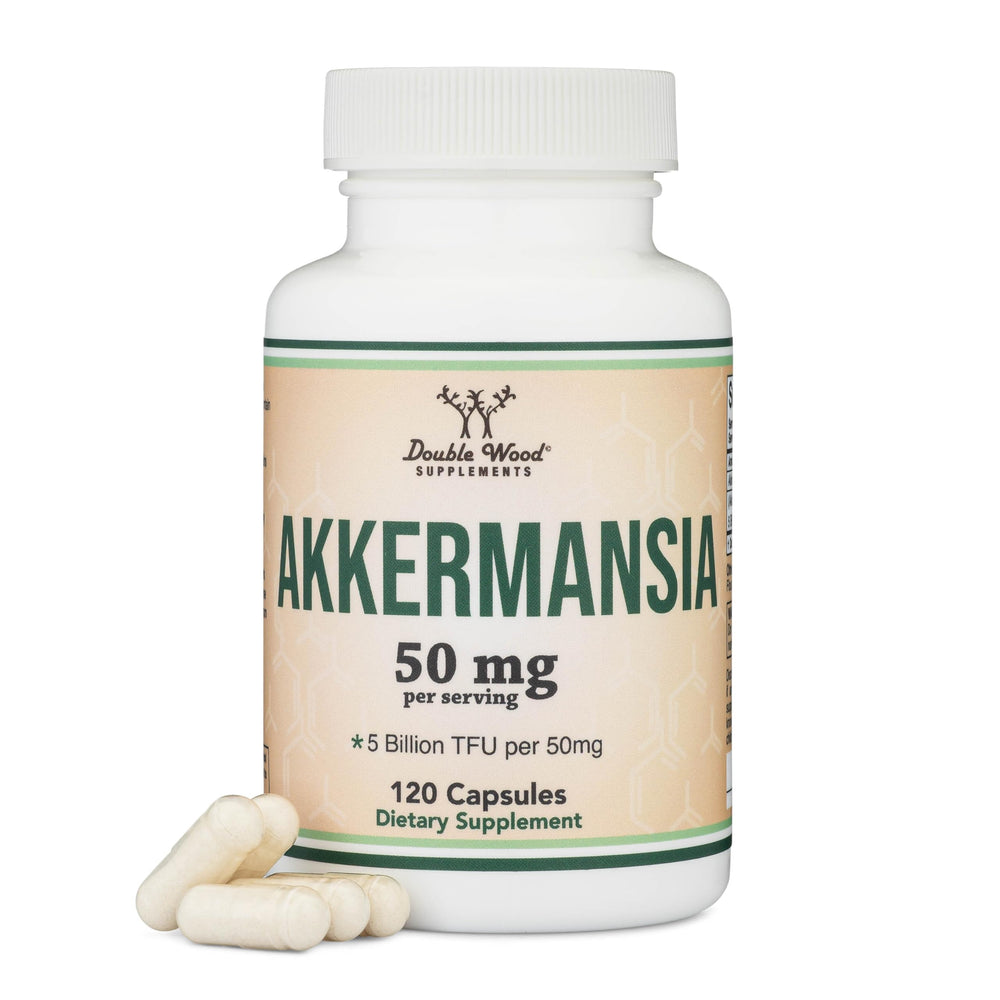 Double Wood Akkermansia bottle front shows USA-made probiotic for daily wellness