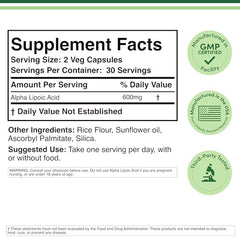 Double Wood Alpha Lipoic Acid capsules close-up showing 600mg serving.
