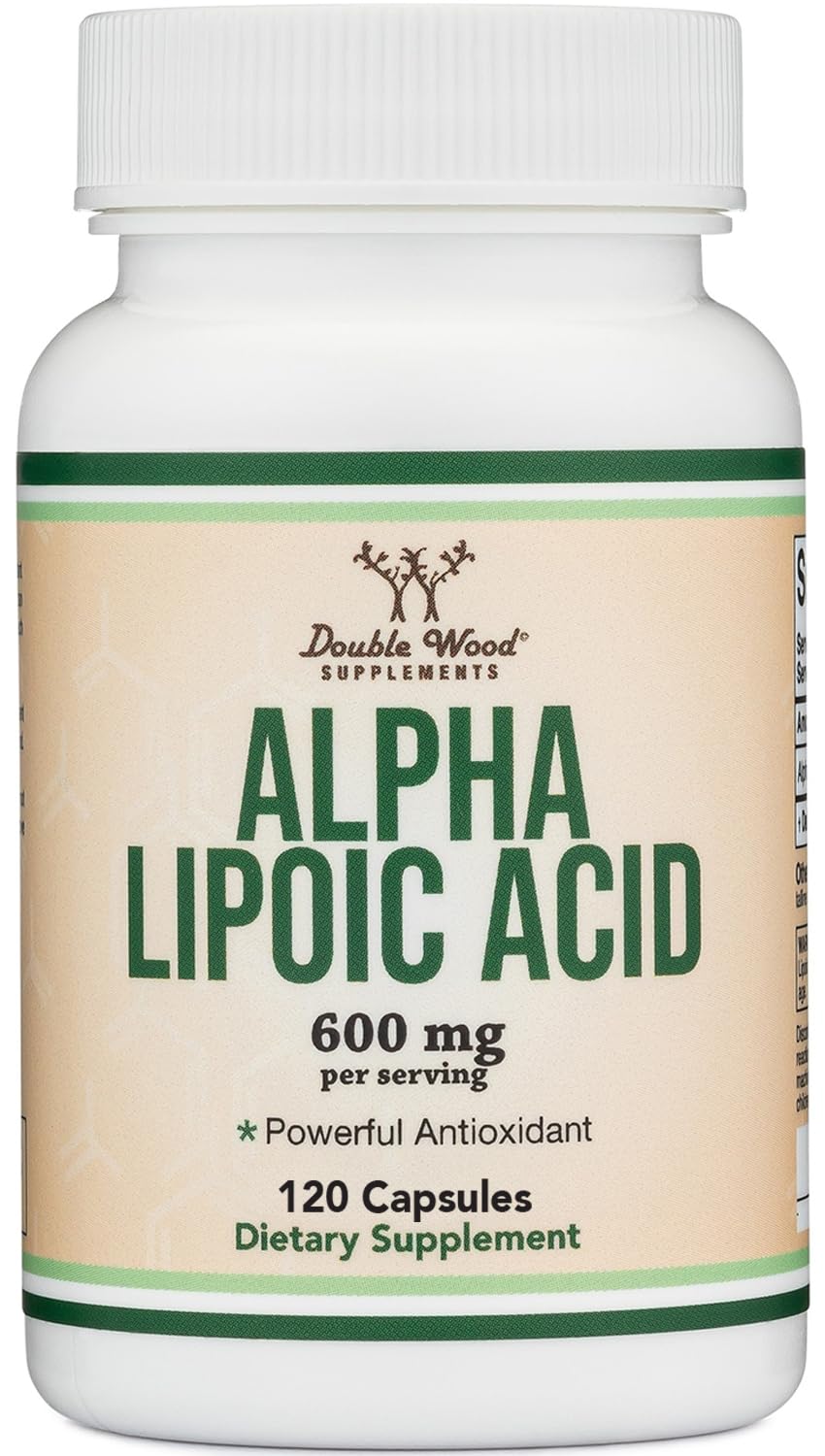 Double Wood Alpha Lipoic Acid bottle with 600 mg capsules for daily antioxidant support