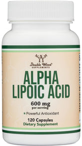Double Wood Alpha Lipoic Acid bottle with 600 mg capsules for daily antioxidant support
