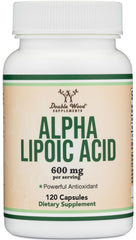 Double Wood Alpha Lipoic Acid bottle with 600 mg capsules for daily antioxidant support