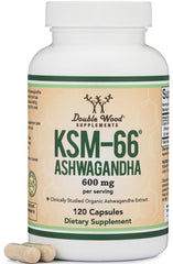 Double Wood Ashwagandha KSM 66 bottle shows potent adaptogen for daily calm