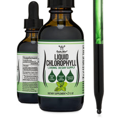 Double Wood Chlorophyll liquid drops bottle pour highlighting peppermint flavor for daily hydration