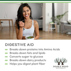 Double Wood Digestive Enzymes ingredients list featuring key enzymes like amylase and protease.