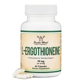 Double Wood Ergothioneine 30mg capsules close-up, vegan-friendly antioxidant support for healthy aging.