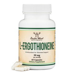 Double Wood Ergothioneine 30mg capsules close-up, vegan-friendly antioxidant support for healthy aging.