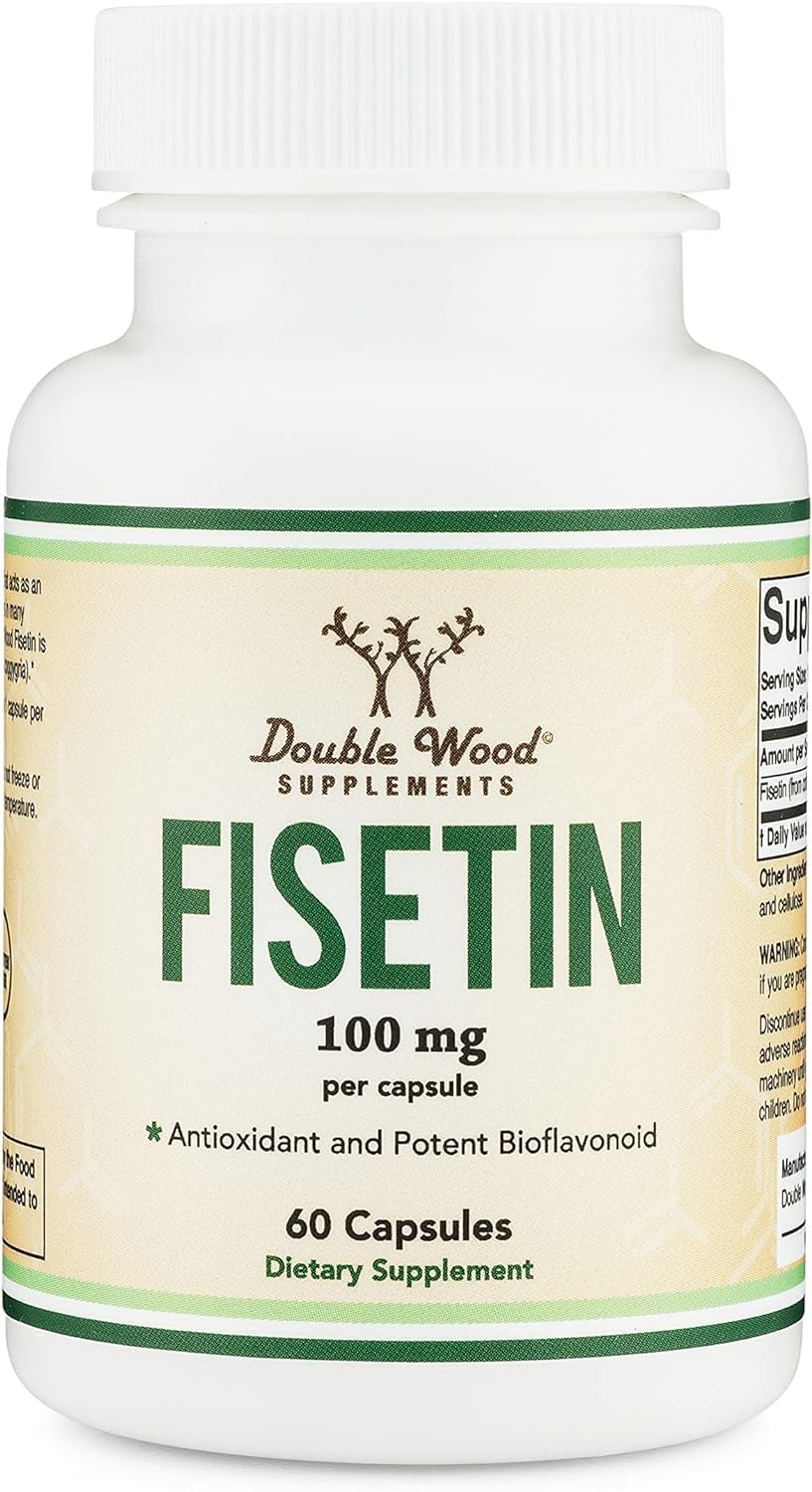 Double Wood Fisetin 100mg bottle on table shows a daily aging support supplement.
