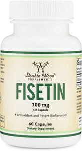 Double Wood Fisetin 100mg bottle on table shows a daily aging support supplement.