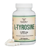 Double Wood L-Tyrosine capsules on bottle highlighting vegan non-GMO formula