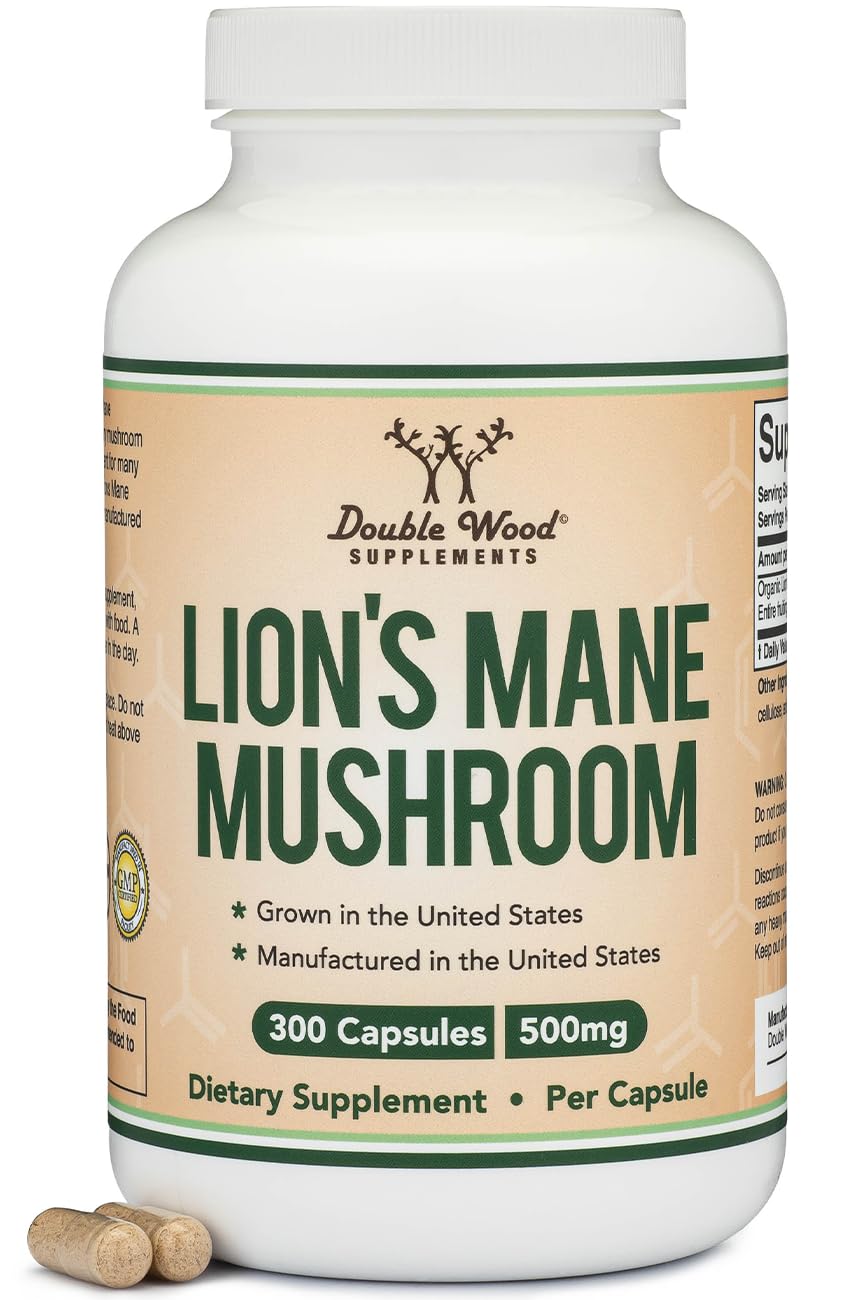 Double Wood Lions Mane capsules bottle on kitchen counter signaling focus support