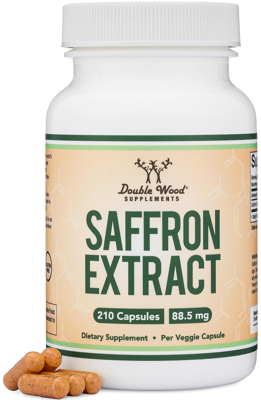 Double Wood Saffron Focus bottle with vegan capsules for daily focus.