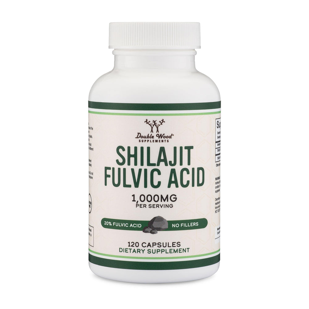 Double Wood Shilajit capsules in bottle conveying pure Himalayan extract for daily wellness.