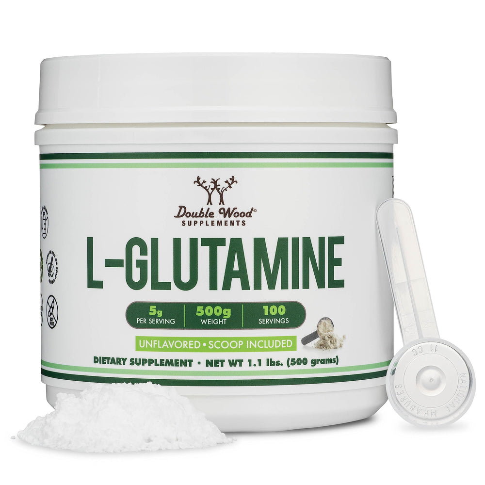 Double Wood L-Glutamine powder bottle for gut health and endurance.