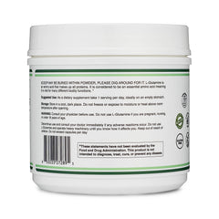 Double Wood L-Glutamine powder ingredient panel shows purity.