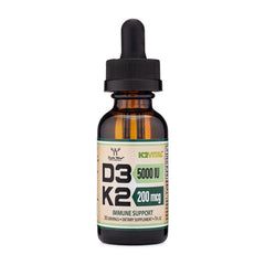 Double Wood Vitamin D3 K2 drops bottle on table highlighting all-trans K2MK-7 for absorption