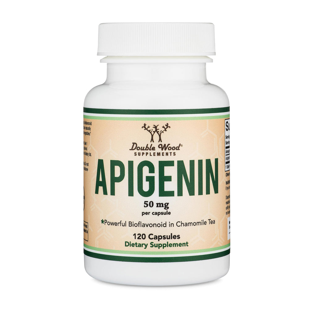 Double Wood Apigenin 50mg capsules in bottle promoting relaxation and night calm.