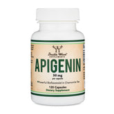 Double Wood Apigenin 50mg capsules in bottle promoting relaxation and night calm.