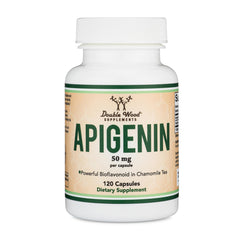Double Wood Apigenin 50mg capsules in bottle promoting relaxation and night calm.