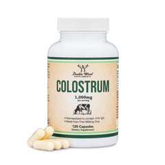 Double Wood Colostrum bottle label highlights purity and quality for daily wellness.