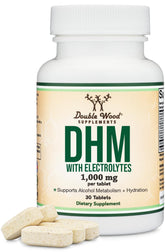 Double Wood DHM1000 tablets closeup showing 1,000 mg dosage for daily use.