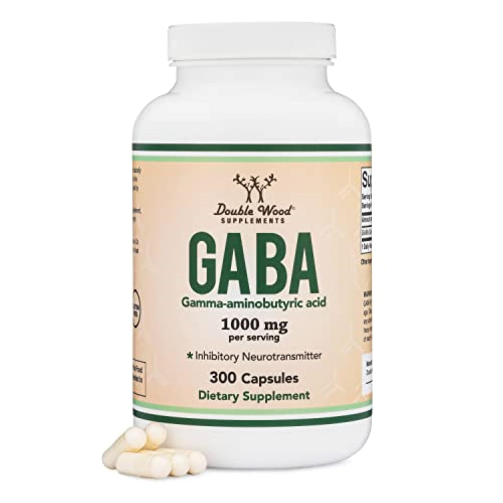 Double Wood GABA bottle front with 300 capsules, promoting calm evenings.