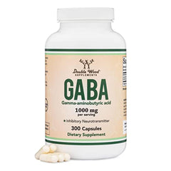 Double Wood GABA bottle front with 300 capsules, promoting calm evenings.