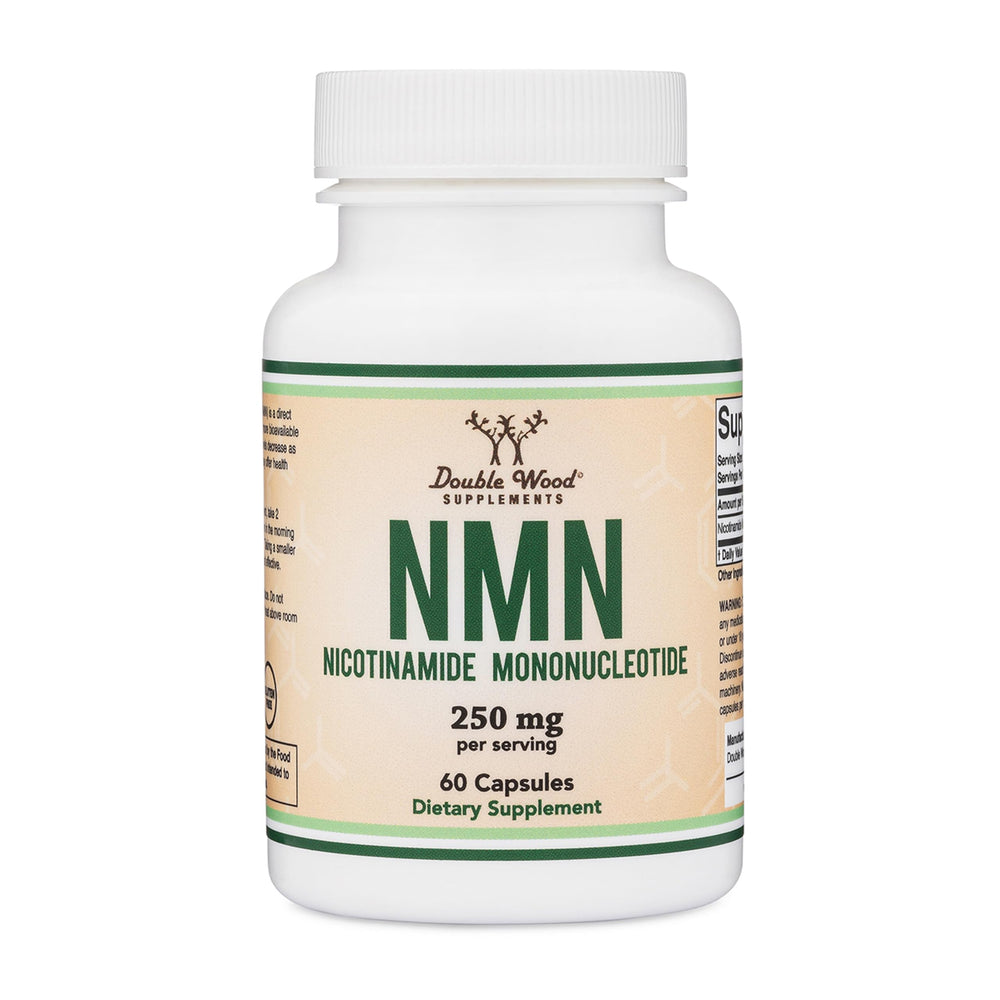 Double Wood NMN powder bottle front view for easy daily dosing.