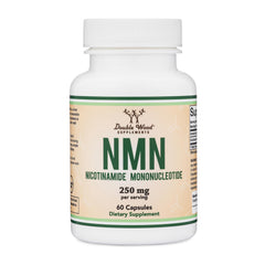 Double Wood NMN powder bottle front view for easy daily dosing.