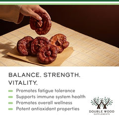 Double Wood Reishi supplement facts panel shows clean sourcing and tested quality