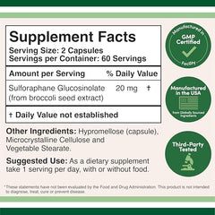 Double Wood Sulforaphane label close-up shows 20 mg per serving