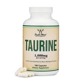 Double Wood Taurine bottle with capsules promotes convenient daily supplementation for everyday energy.