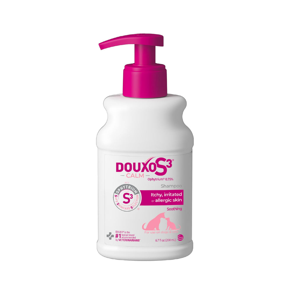 DOUXO S3 CALM shampoo bottle showing soothing wash for dogs and cats