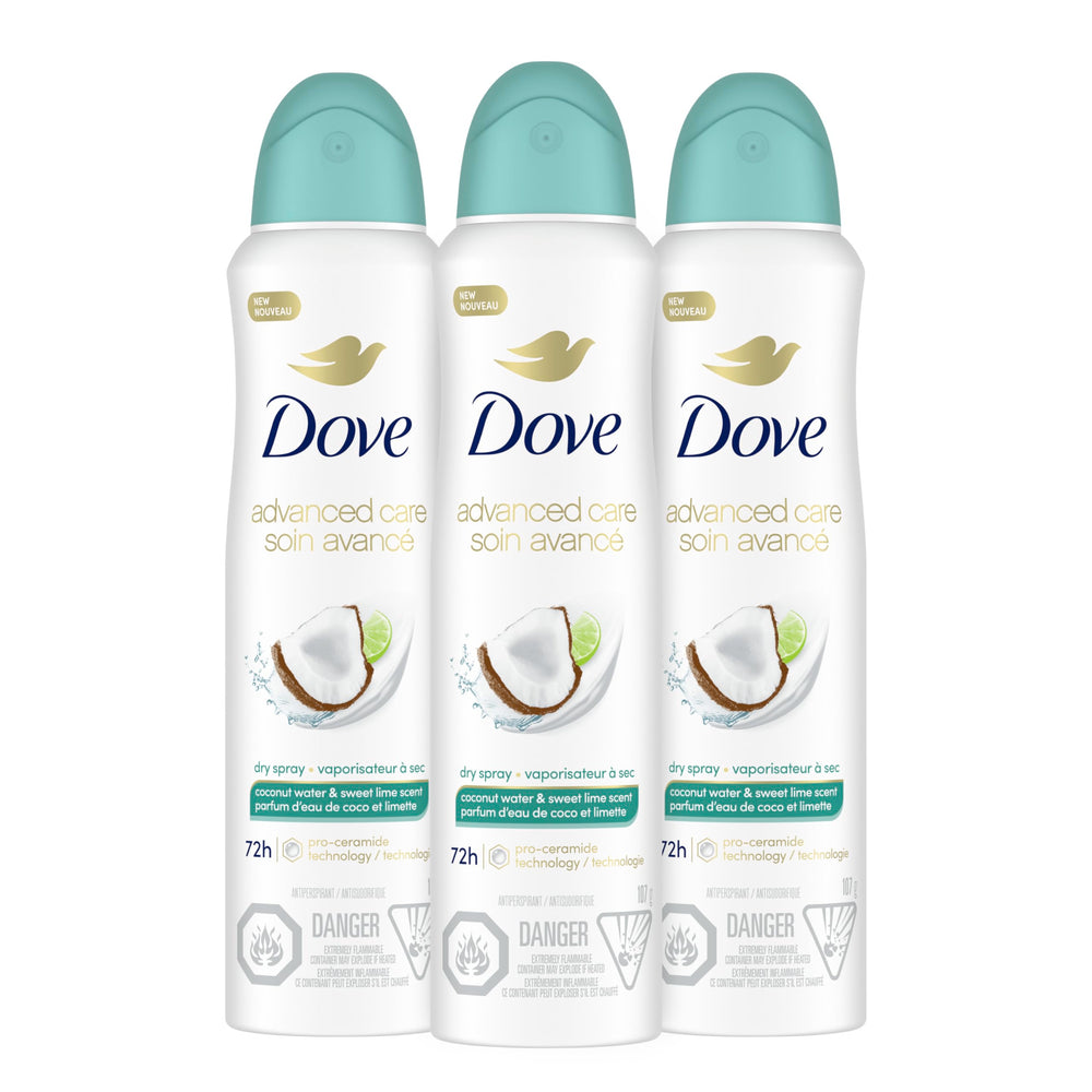 Dove Advanced Care Coconut Water & Lime dry spray bottle for soft underarms.