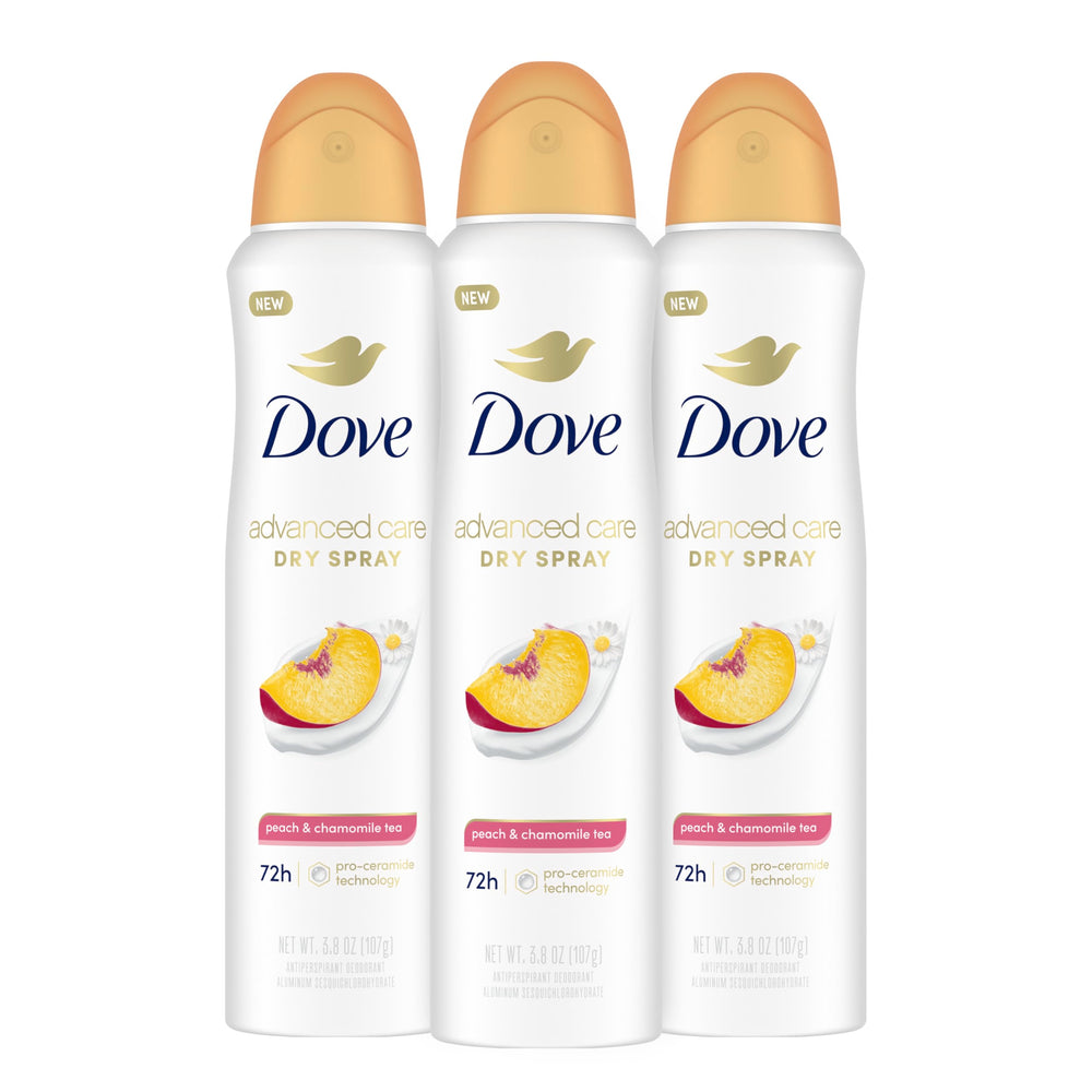 Dove Advanced Care Peach & Chamomile Tea pack shot showing a 3-pack for consistent protection.