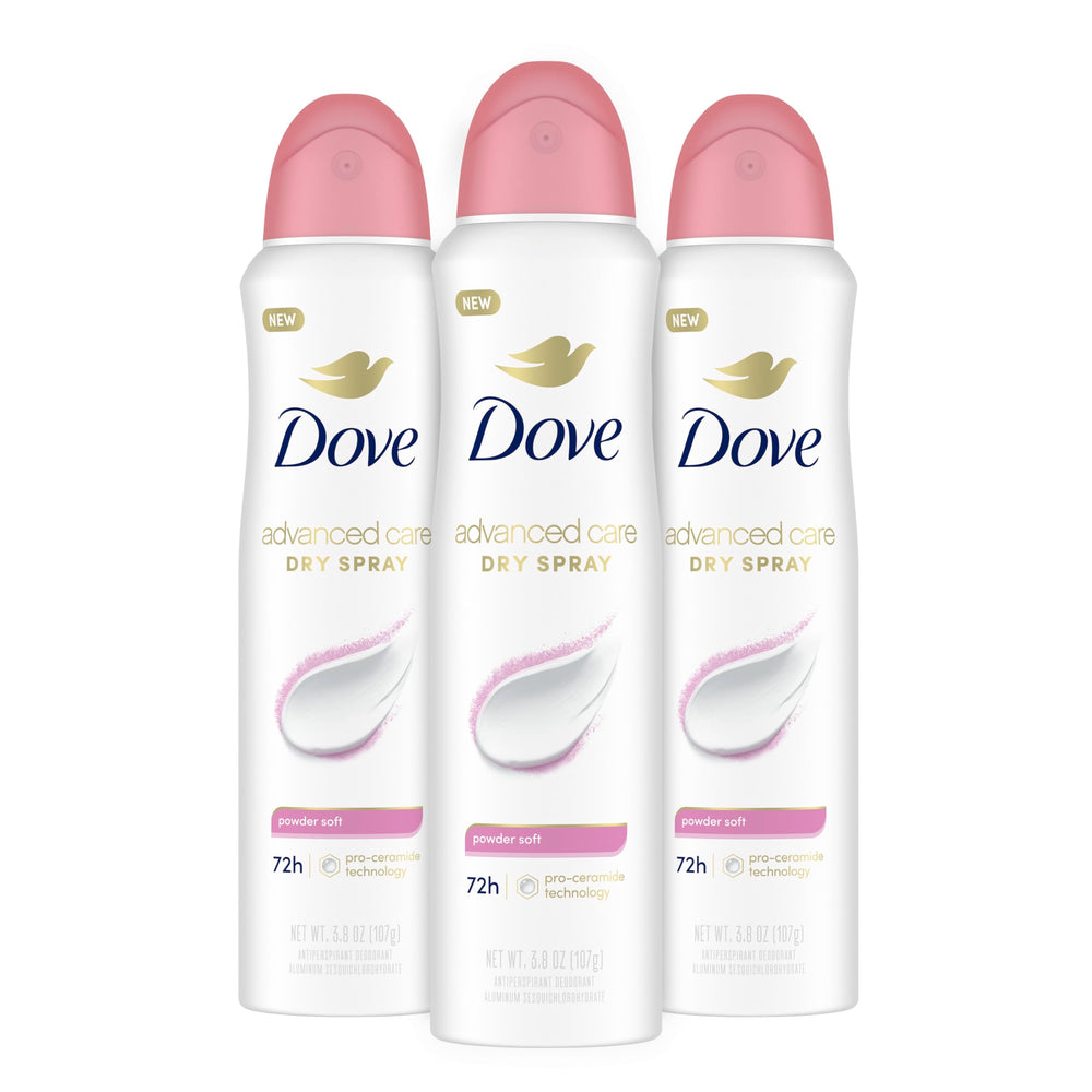 Dove Advanced Care Powder Soft spray bottle showcases soft underarm protection and comfort.