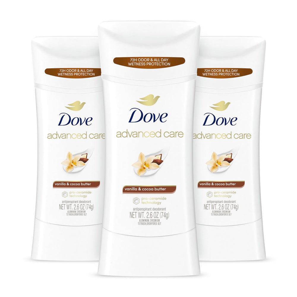 Dove Advanced Care Vanilla and Cocoa Butter stick applied for smooth, soft underarms