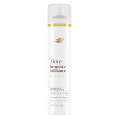 Dove Brunette Brillance dry shampoo bottle pour absorbs oil for quick refresh.