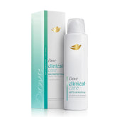 Dove Clinical Care dry spray bottle shown for on-the-go protection.