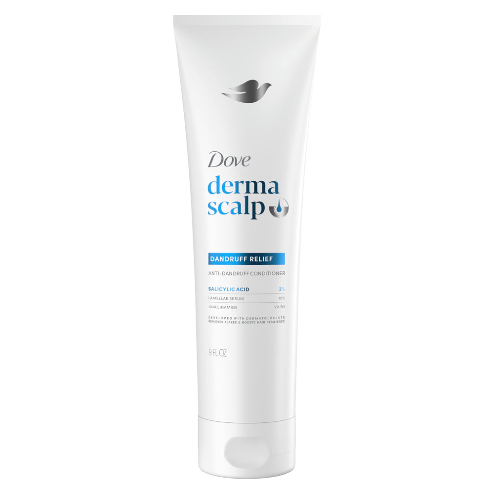 Dove Derma Scalp Conditioner bottle showing 9 oz packaging for dandruff relief