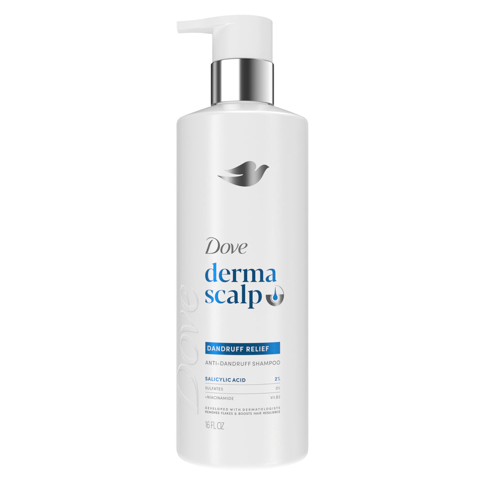 Dove Derma Scalp Dandruff Relief Shampoo bottle highlights dandruff relief for a healthier scalp