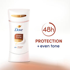 Dove Even Tone 48-hour odor and sweat protection for daily activity.